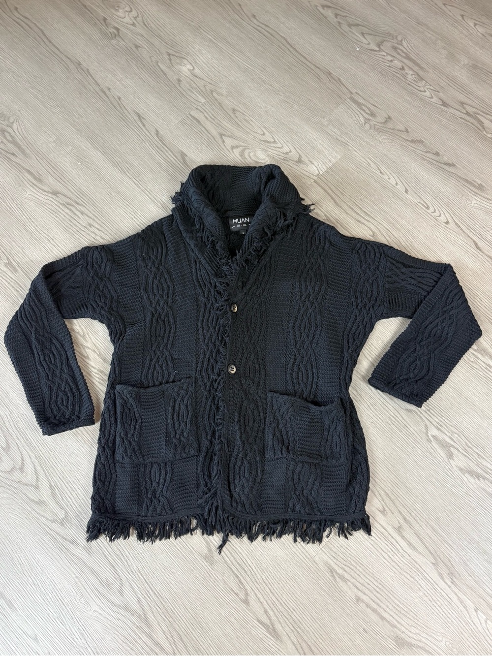 MUAN Equinox Fringed Cable Knit Cardigan Sweater - Black